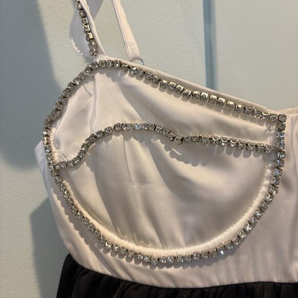 NWT Sky To Moon Mini Dress Small Black White Satin Slip Rhinestone Trim Bustier - Picture 10 of 16